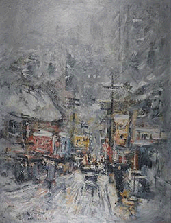 Street scene in the snow with car in foreground